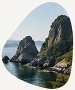 Rocky islets rising from blue sea along the Korean coast