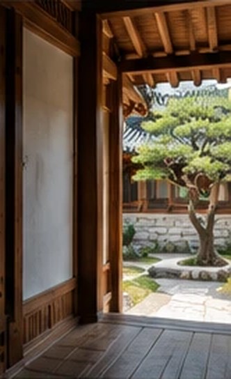 View from a wooden hanok corridor into a courtyard with a pine tree