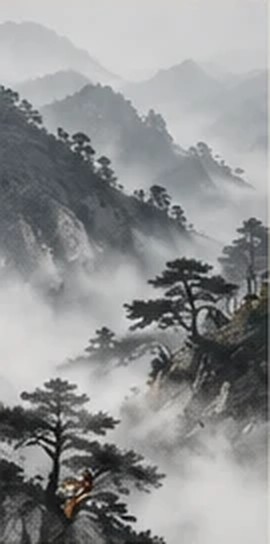 Ink-wash style mountains and pine trees in drifting mist